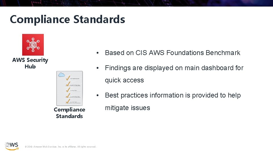Compliance Standards • Based on CIS AWS Foundations Benchmark AWS Security Hub • Findings