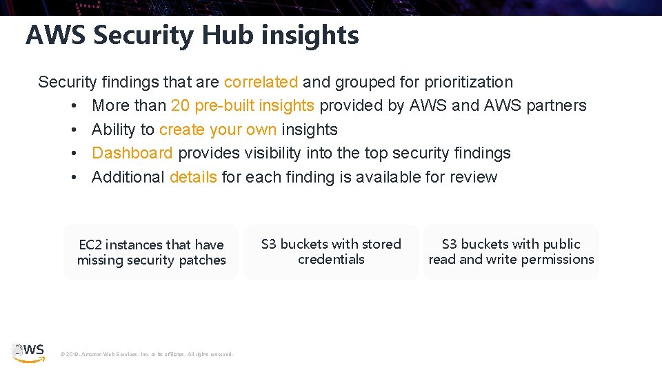 AWS Security Hub insights Security findings that are correlated and grouped for prioritization • AWS Security Hub insights Security findings that are correlated and grouped for prioritization •
