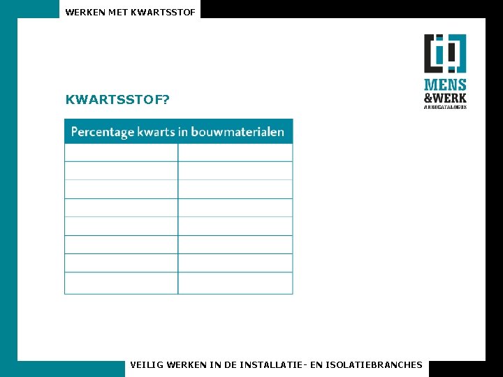 WERKEN MET KWARTSSTOF? VEILIG WERKEN IN DE INSTALLATIE- EN ISOLATIEBRANCHES 