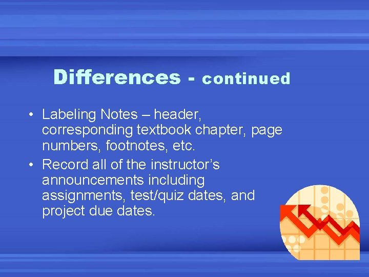 Differences - continued • Labeling Notes – header, corresponding textbook chapter, page numbers, footnotes,