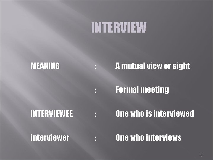 INTERVIEW MEANING : A mutual view or sight : Formal meeting INTERVIEWEE : One