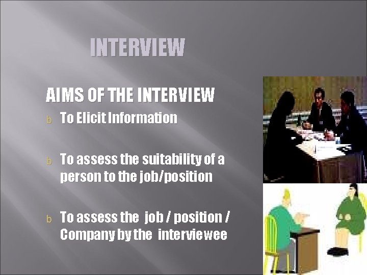 INTERVIEW AIMS OF THE INTERVIEW b To Elicit Information b To assess the suitability