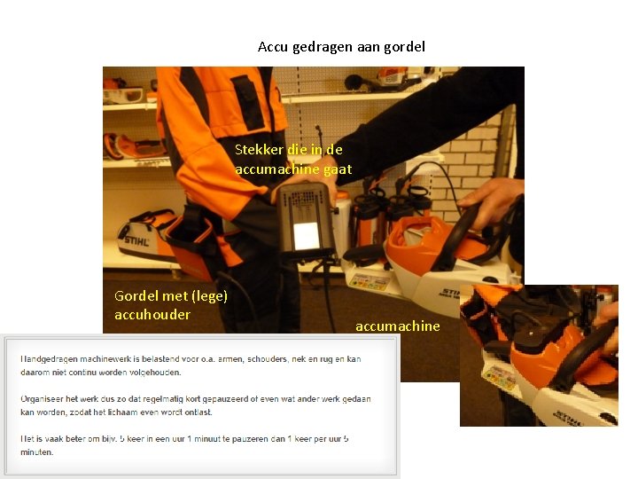 Accu gedragen aan gordel Stekker die in de accumachine gaat Gordel met (lege) accuhouder