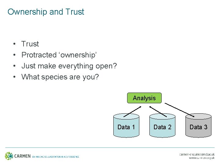 Ownership and Trust • • Trust Protracted ‘ownership’ Just make everything open? What species