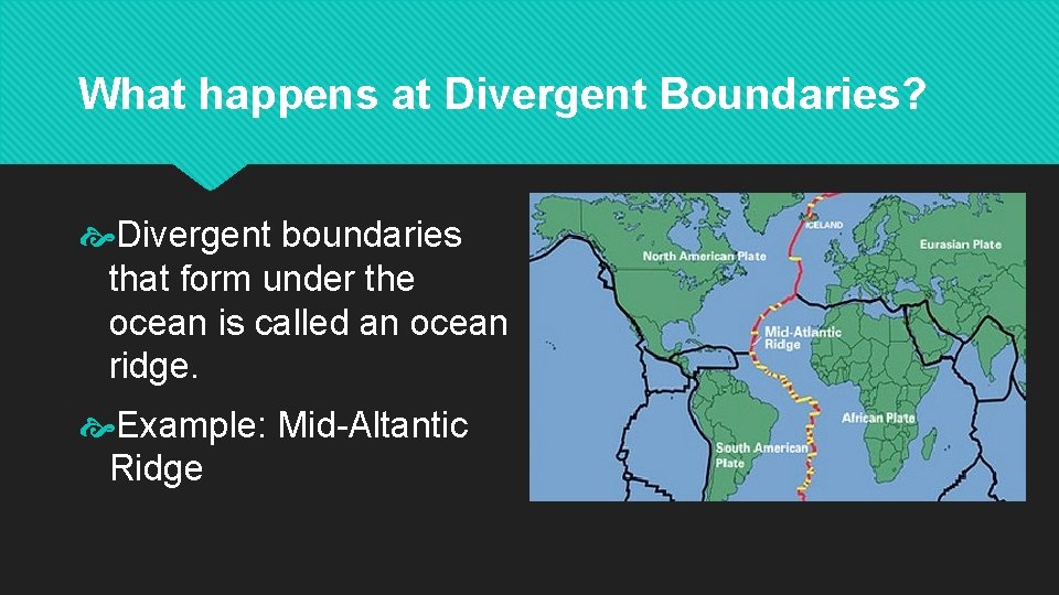 What happens at Divergent Boundaries? Divergent boundaries that form under the ocean is called
