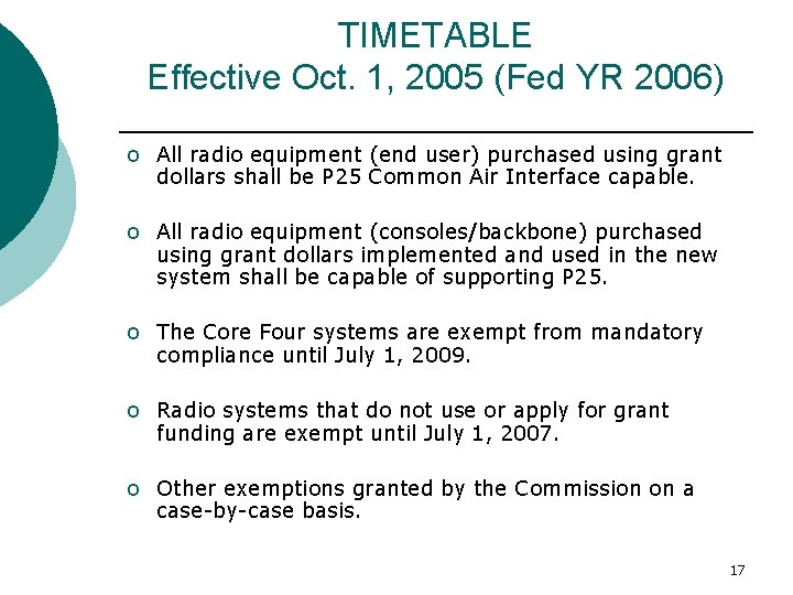 TIMETABLE Effective Oct. 1, 2005 (Fed YR 2006) o All radio equipment (end user)