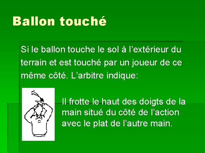 Ballon touché Si le ballon touche le sol à l’extérieur du terrain et est