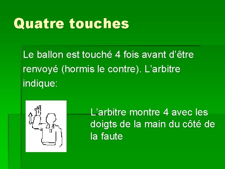 Quatre touches Le ballon est touché 4 fois avant d’être renvoyé (hormis le contre).