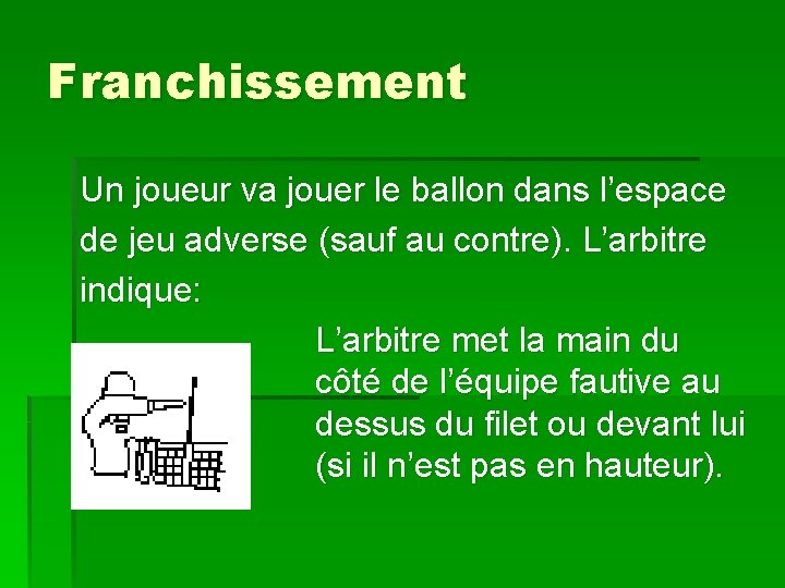 Franchissement Un joueur va jouer le ballon dans l’espace de jeu adverse (sauf au