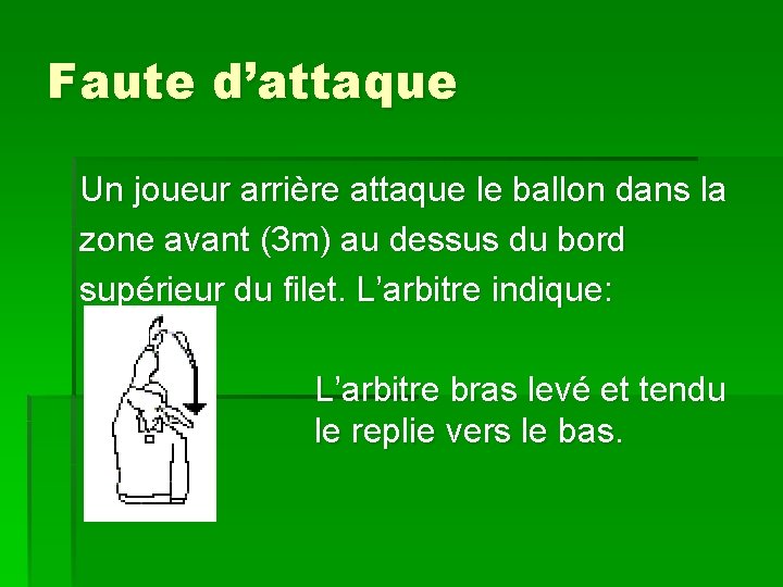 Faute d’attaque Un joueur arrière attaque le ballon dans la zone avant (3 m)