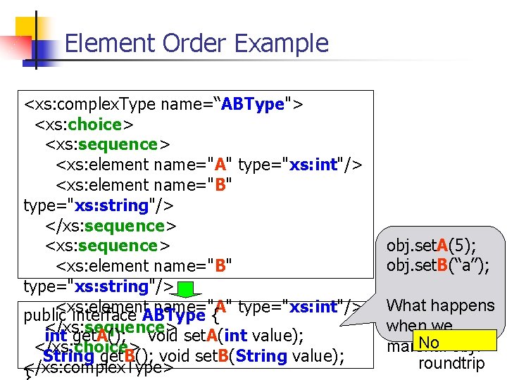 Element Order Example <xs: complex. Type name=“ABType"> <xs: choice> <xs: sequence> <xs: element name="A"