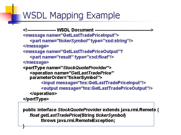 WSDL Mapping Example <!---------- WSDL Document -------------------> <message name=”Get. Last. Trade. Price. Input”> <part
