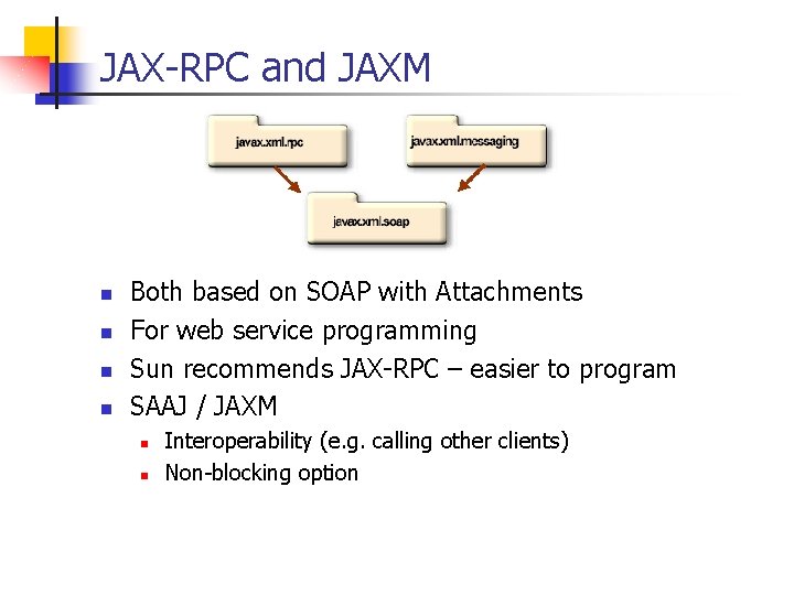 JAX-RPC and JAXM n n Both based on SOAP with Attachments For web service