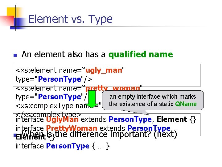 Element vs. Type n An element also has a qualified name <xs: element name=“ugly_man"