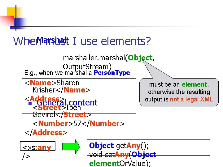 n Marshal: When must I use elements? marshaller. marshal(Object, Output. Stream) E. g. ,