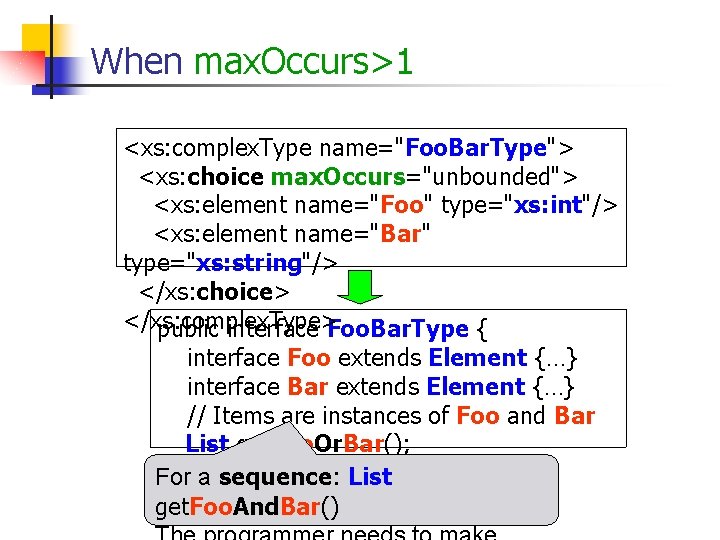 When max. Occurs>1 <xs: complex. Type name="Foo. Bar. Type"> <xs: choice max. Occurs="unbounded"> <xs: