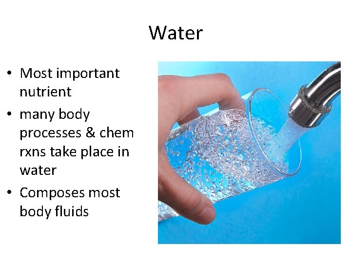 Water • Most important nutrient • many body processes & chem rxns take place