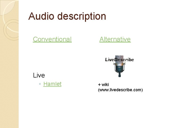 Audio description Conventional Alternative Live ◦ Hamlet + wiki (www. livedescribe. com) 