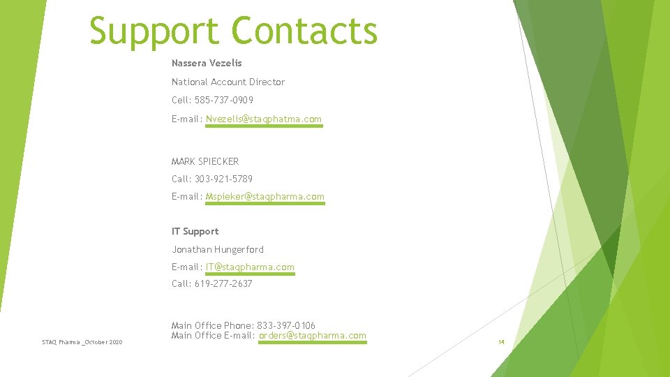 Support Contacts Nassera Vezelis National Account Director Cell: 585 -737 -0909 E-mail: Nvezelis@staqphatma. com