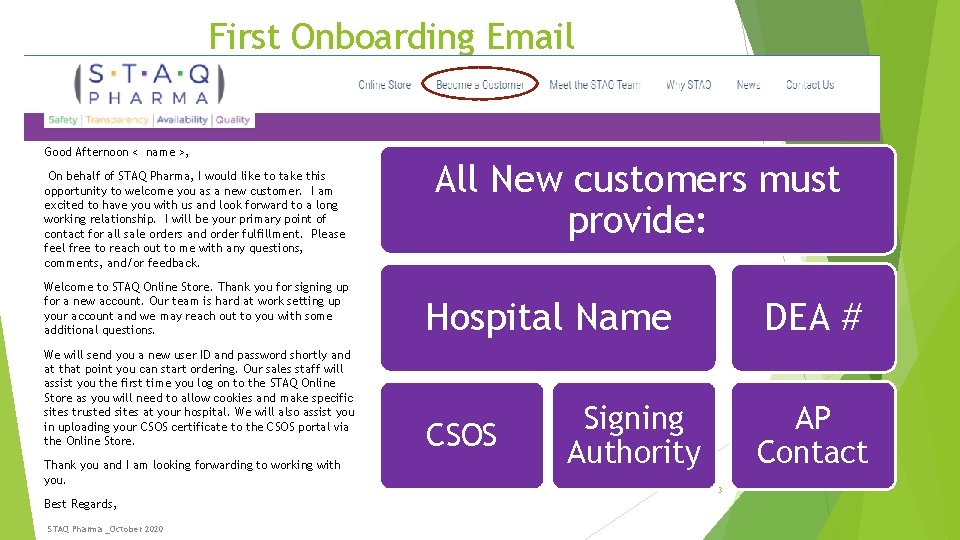 First Onboarding Email Good Afternoon < name >, On behalf of STAQ Pharma, I