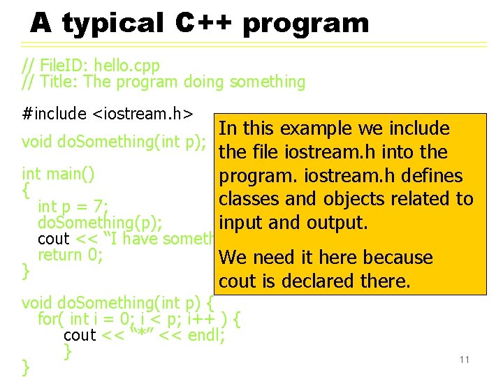 A typical C++ program // File. ID: hello. cpp // Title: The program doing