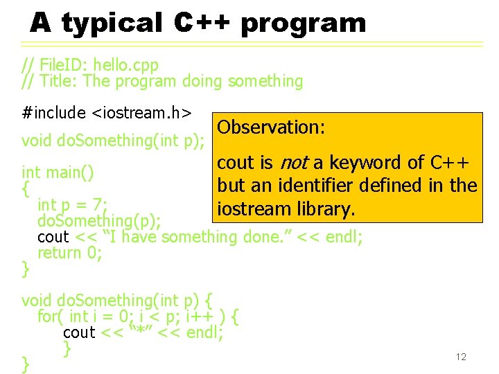 A typical C++ program // File. ID: hello. cpp // Title: The program doing