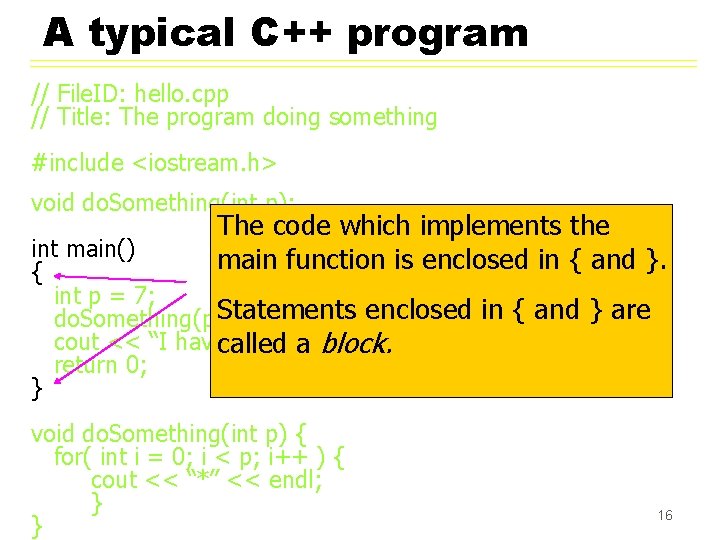 A typical C++ program // File. ID: hello. cpp // Title: The program doing