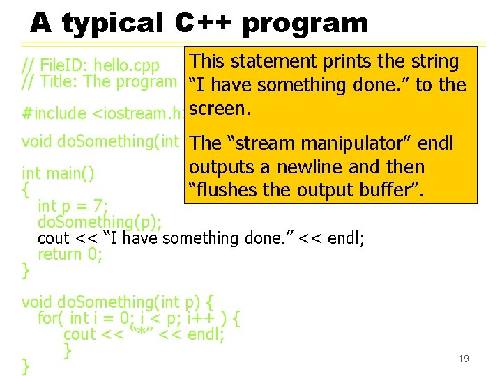 A typical C++ program This statement prints the string // File. ID: hello. cpp