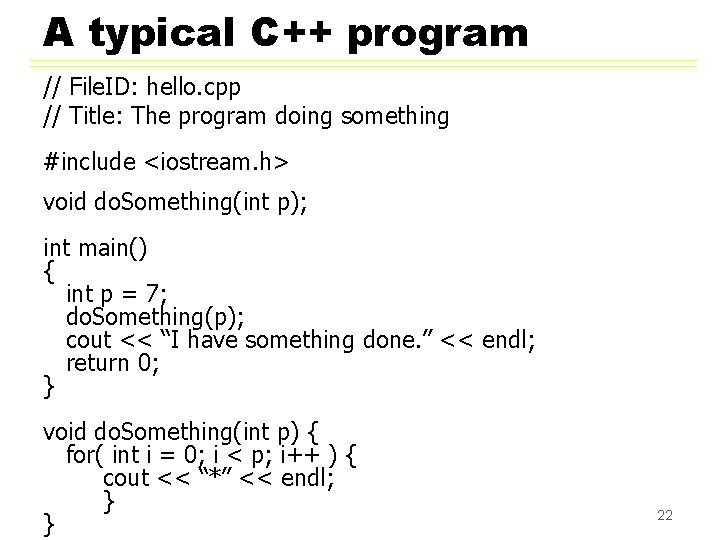 A typical C++ program // File. ID: hello. cpp // Title: The program doing