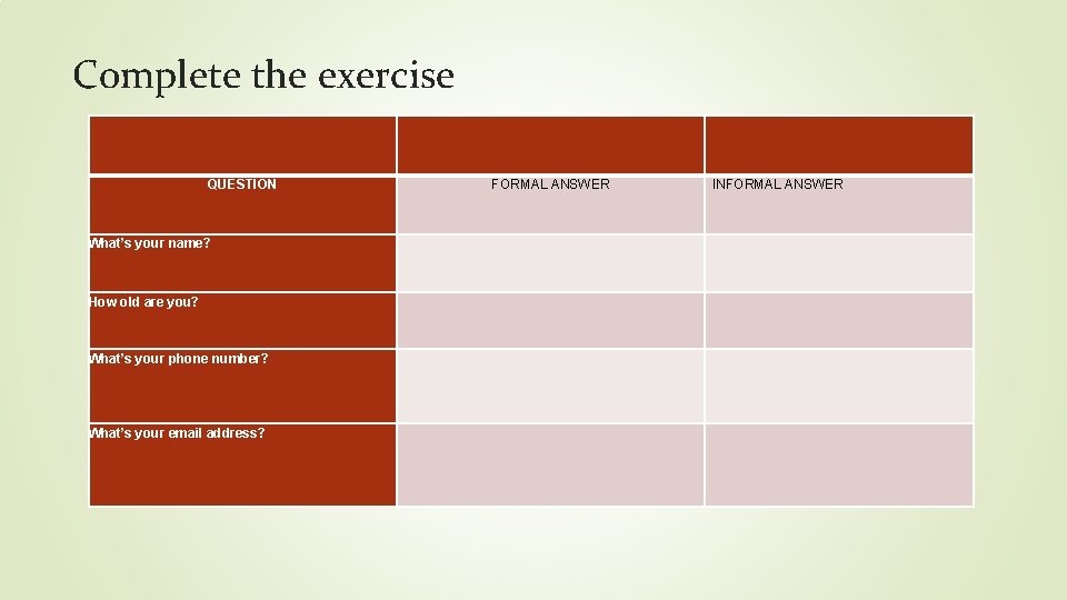 Complete the exercise QUESTION What’s your name? How old are you? What’s your phone