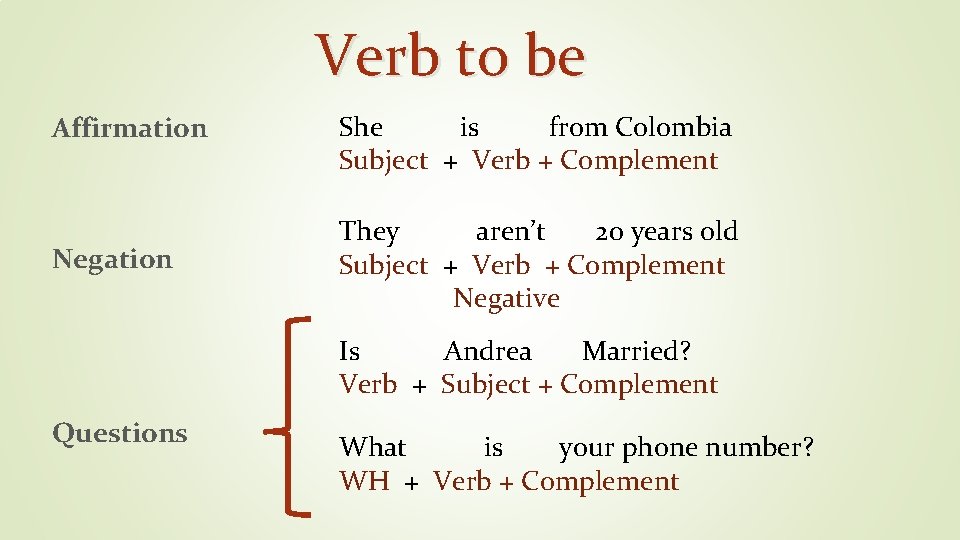 Verb to be Affirmation Negation She is from Colombia Subject + Verb + Complement