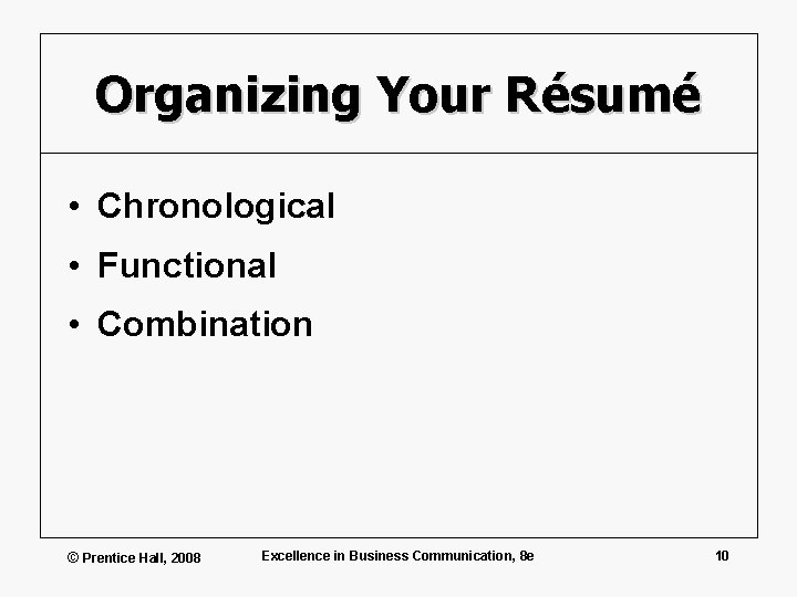 Organizing Your Résumé • Chronological • Functional • Combination © Prentice Hall, 2008 Excellence