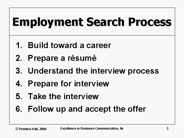 Employment Search Process 1. Build toward a career 2. Prepare a résumé 3. Understand