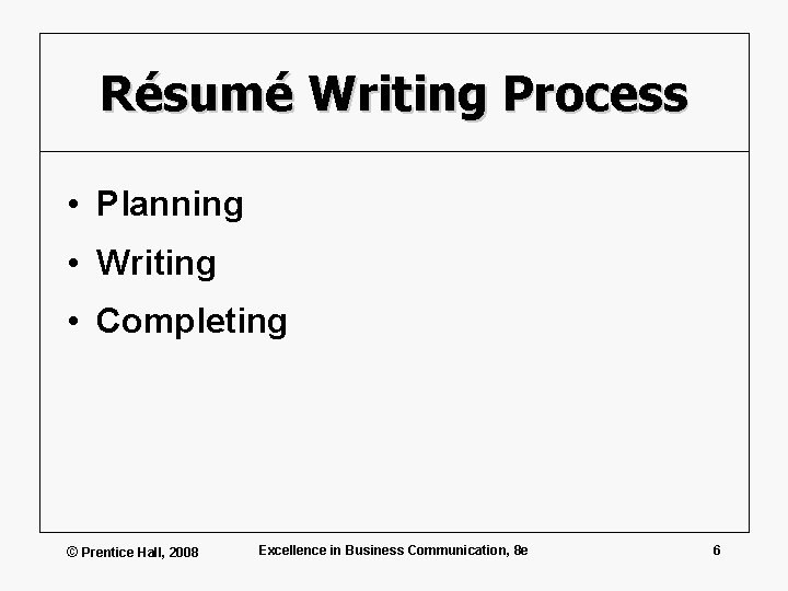 Résumé Writing Process • Planning • Writing • Completing © Prentice Hall, 2008 Excellence