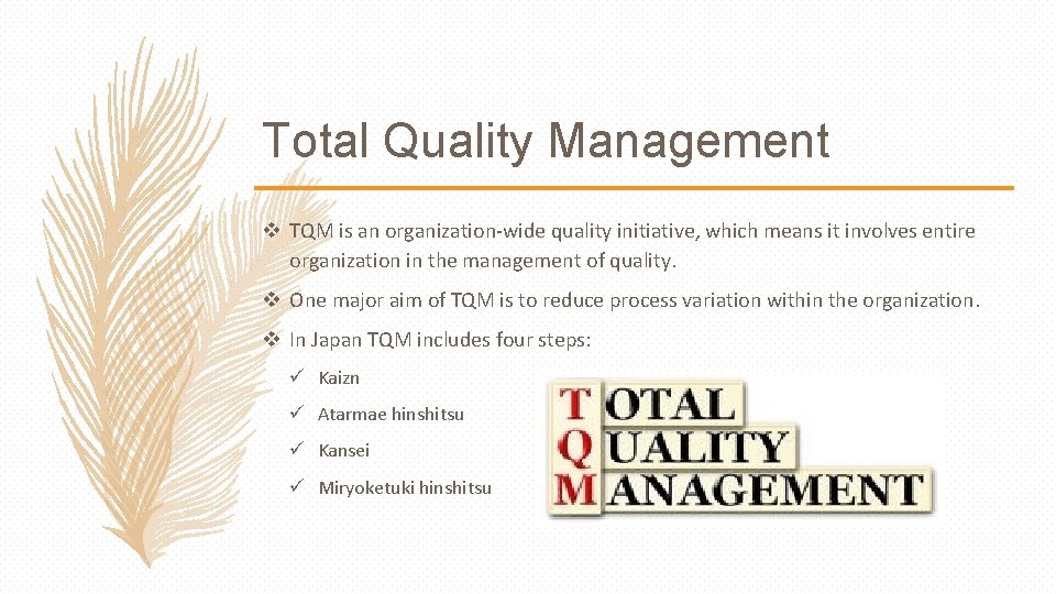 Total Quality Management v TQM is an organization-wide quality initiative, which means it involves
