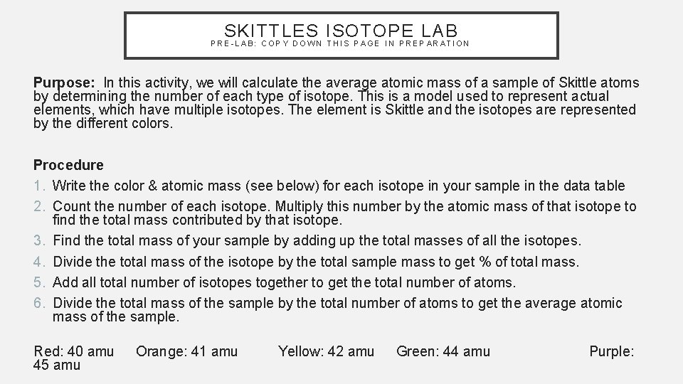 SKITTLES ISOTOPE LAB PRE-LAB: COPY DOWN THIS PAGE IN PREPARATION Purpose: In this activity,