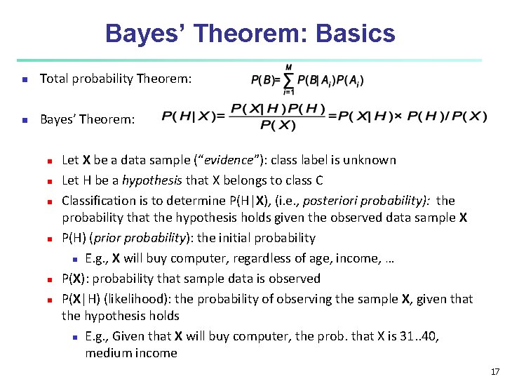Bayes’ Theorem: Basics Total probability Theorem: Bayes’ Theorem: Let X be a data sample