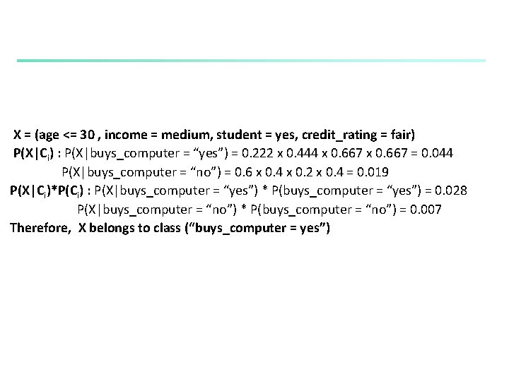 X = (age <= 30 , income = medium, student = yes, credit_rating =