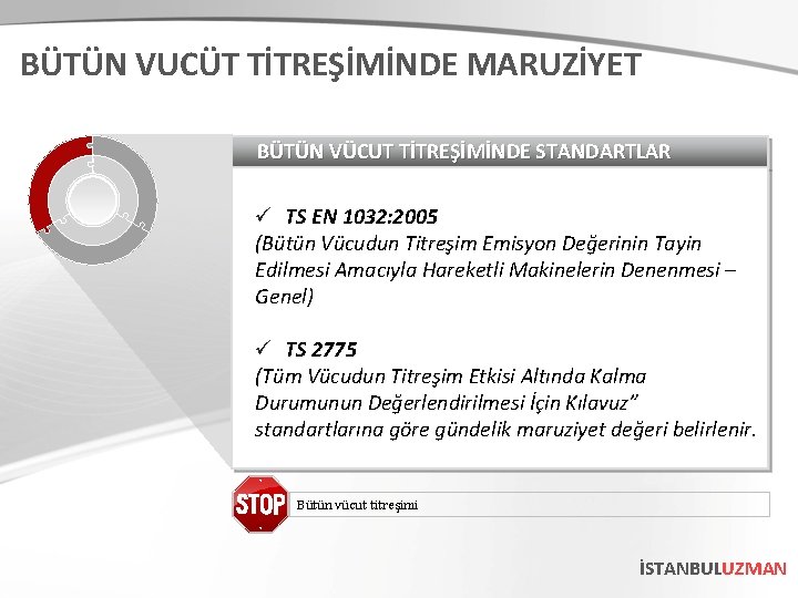 BÜTÜN VUCÜT TİTREŞİMİNDE MARUZİYET BÜTÜN VÜCUT TİTREŞİMİNDE STANDARTLAR ü TS EN 1032: 2005 (Bütün