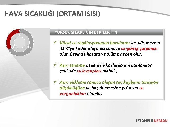 HAVA SICAKLIĞI (ORTAM ISISI) YÜKSEK SICAKLIĞIN ETKİLERİ – 1 ü Vücut ısı regülasyonunun bozulması