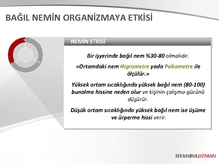 BAĞIL NEMİN ORGANİZMAYA ETKİSİ NEMİN ETKİSİ Bir işyerinde bağıl nem %30 -80 olmalıdır. «Ortamdaki