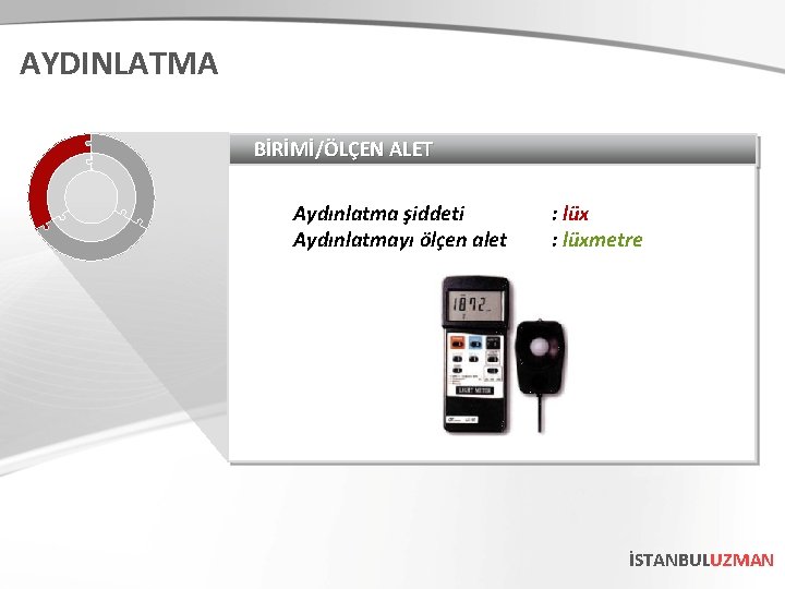 AYDINLATMA BİRİMİ/ÖLÇEN ALET Aydınlatma şiddeti Aydınlatmayı ölçen alet : lüxmetre İSTANBULUZMAN 