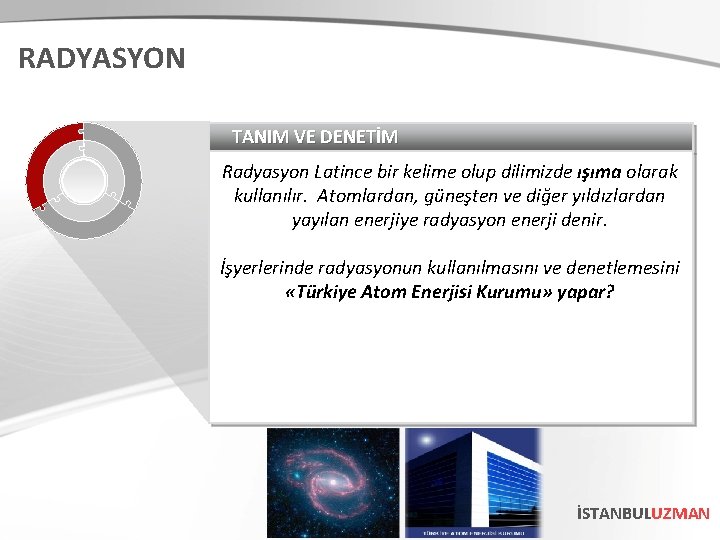 RADYASYON TANIM VE DENETİM Radyasyon Latince bir kelime olup dilimizde ışıma olarak kullanılır. Atomlardan,