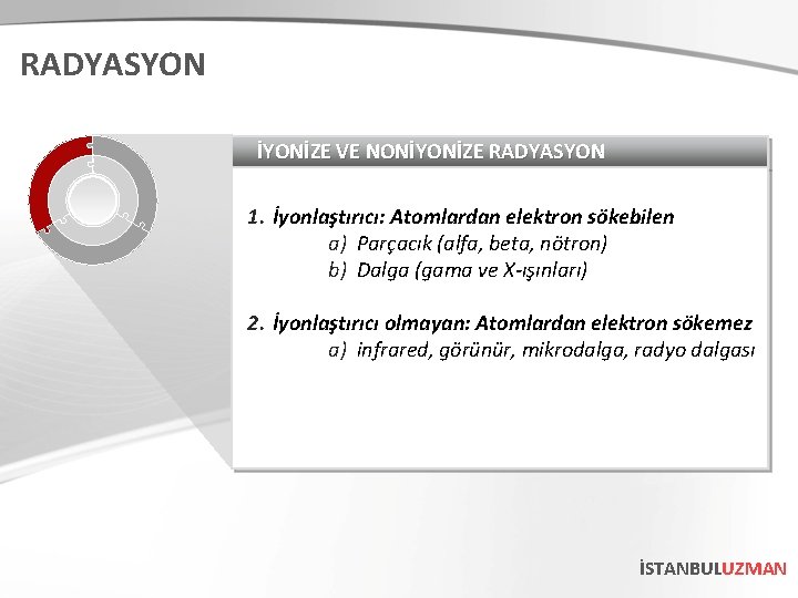 RADYASYON İYONİZE VE NONİYONİZE RADYASYON 1. İyonlaştırıcı: Atomlardan elektron sökebilen a) Parçacık (alfa, beta,