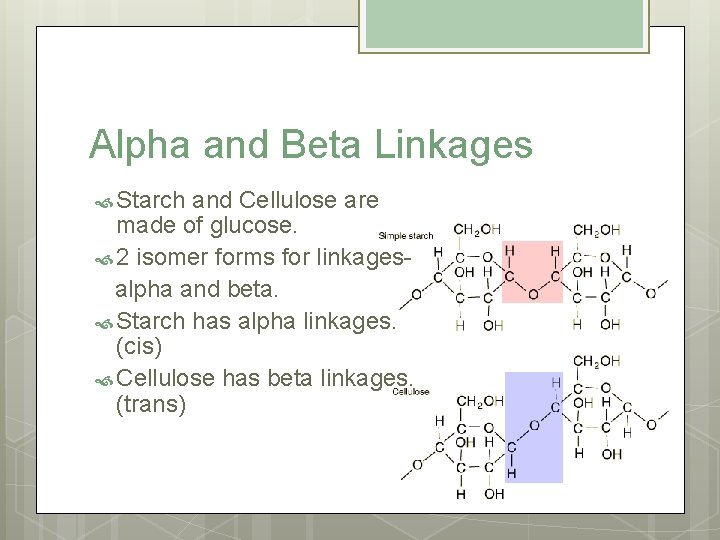 Alpha and Beta Linkages Starch and Cellulose are made of glucose. 2 isomer forms