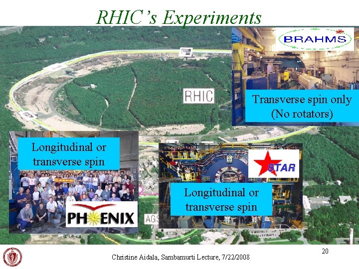 RHIC’s Experiments Transverse spin only (No rotators) Longitudinal or transverse spin Christine Aidala, Sambamurti