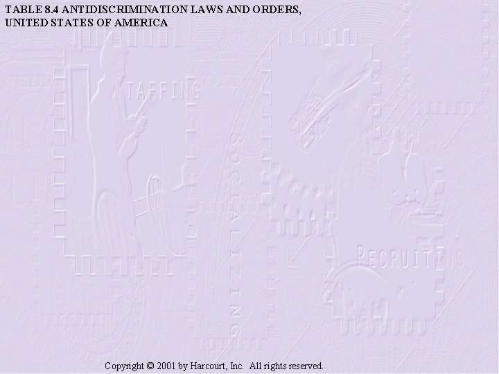 TABLE 8. 4 ANTIDISCRIMINATION LAWS AND ORDERS, UNITED STATES OF AMERICA Copyright © 2001