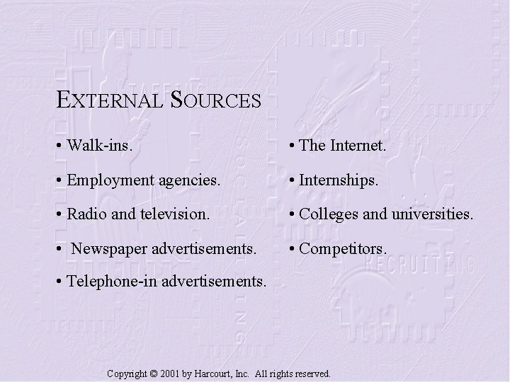 EXTERNAL SOURCES • Walk-ins. • The Internet. • Employment agencies. • Internships. • Radio