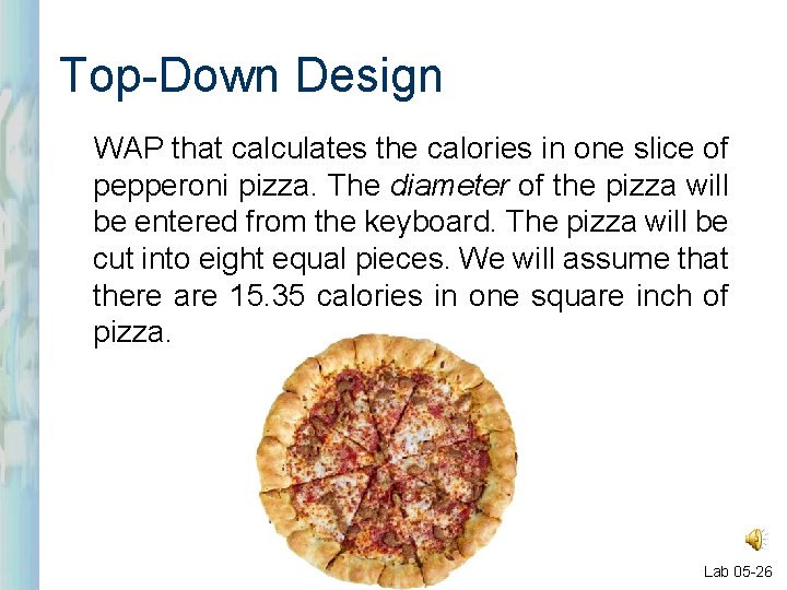 Top-Down Design WAP that calculates the calories in one slice of pepperoni pizza. The