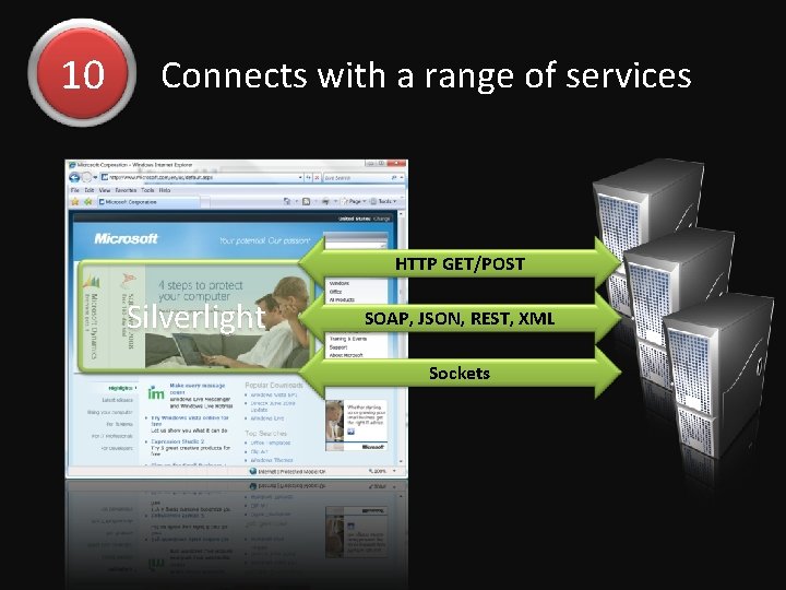 10 Connects with a range of services HTTP GET/POST Silverlight SOAP, JSON, REST, XML